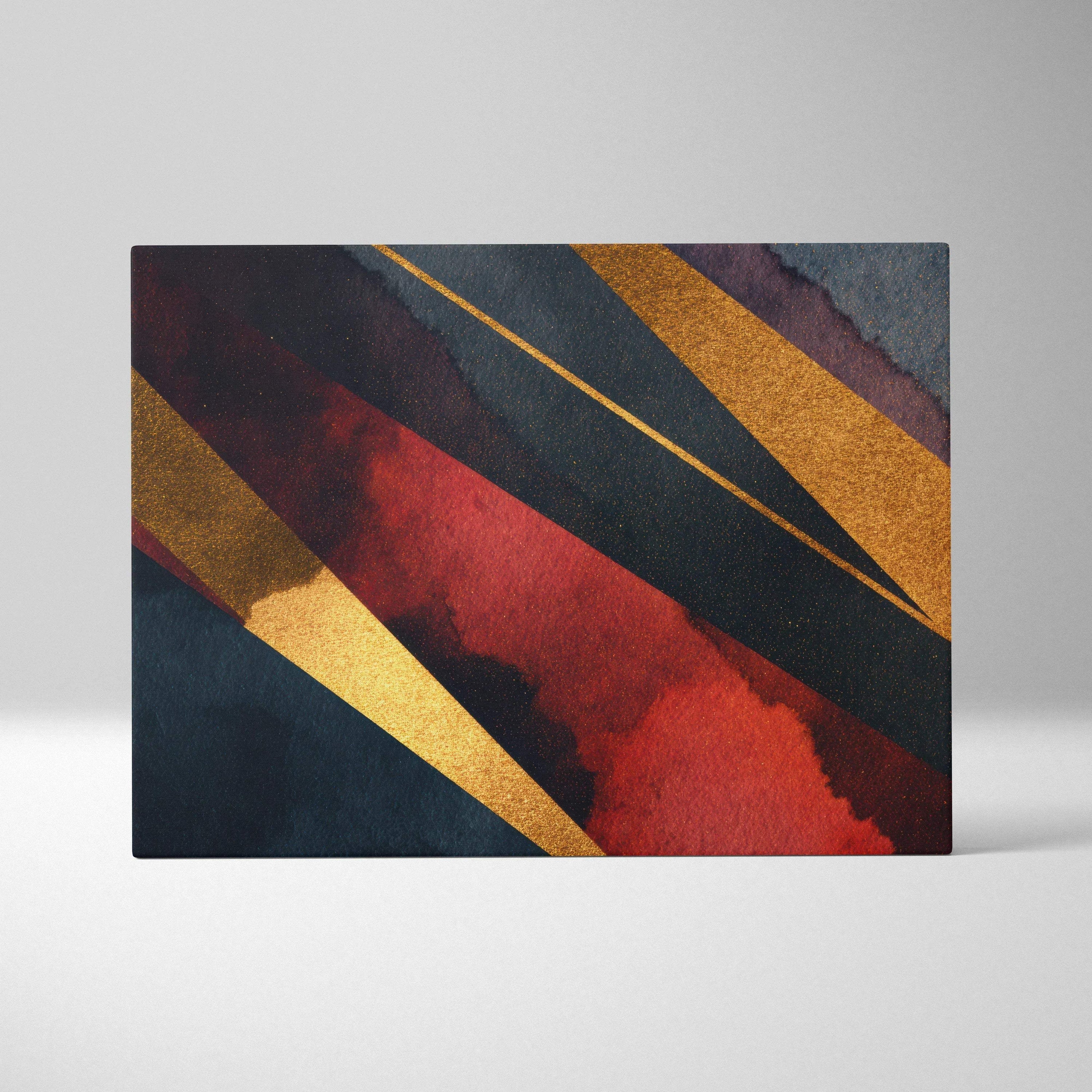 Abstract canvas wall art with bold red, black, and gold geometric shapes in dynamic diagonal lines.