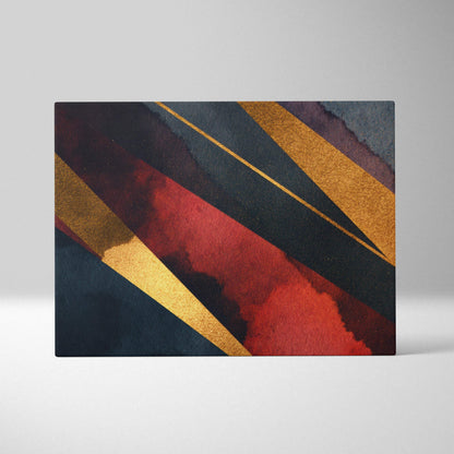 Abstract canvas wall art with bold red, black, and gold geometric shapes in dynamic diagonal lines.