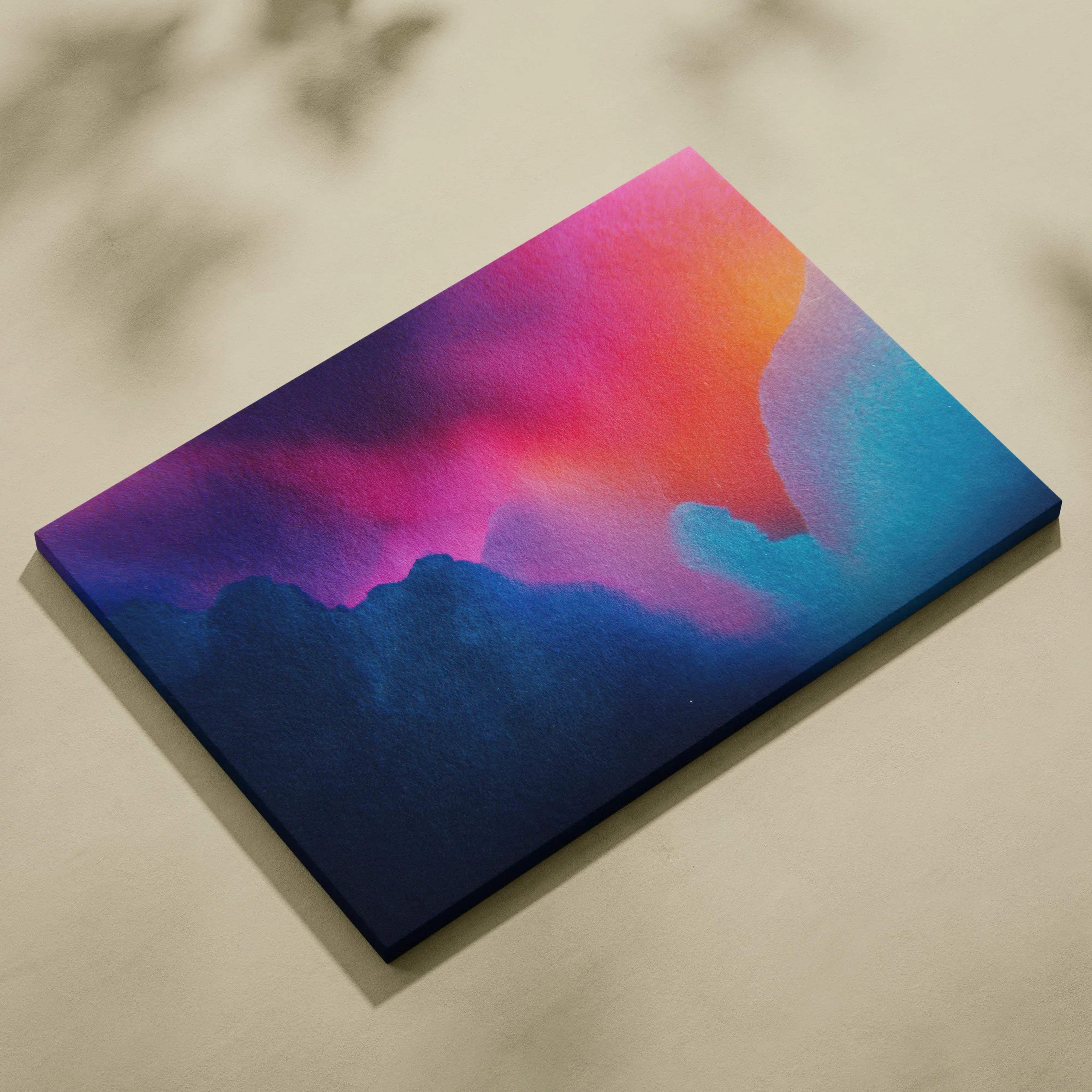 Canvas art with vibrant abstract digital design in deep blue, purple, pink, and orange hues for wall decor.