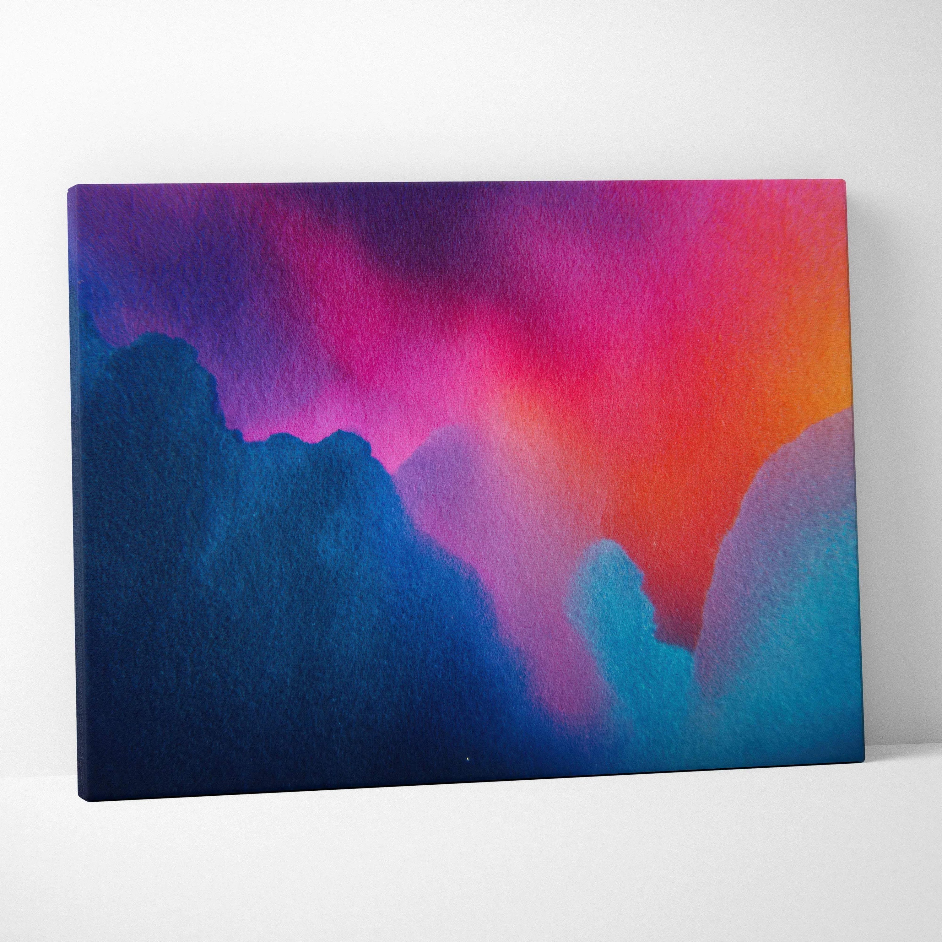 Abstract digital art canvas wall decor with vibrant blue, pink, and orange gradient colors.