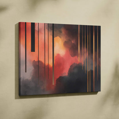 Abstract digital art canvas with vertical black lines and smoky red, orange, and gray clouds.