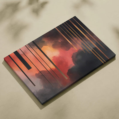 Abstract canvas art with warm orange and red tones, dark smoky clouds, and thin vertical gold lines.