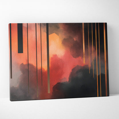 Modern abstract digital canvas art with red, orange, and black clouds and vertical lines wall art.
