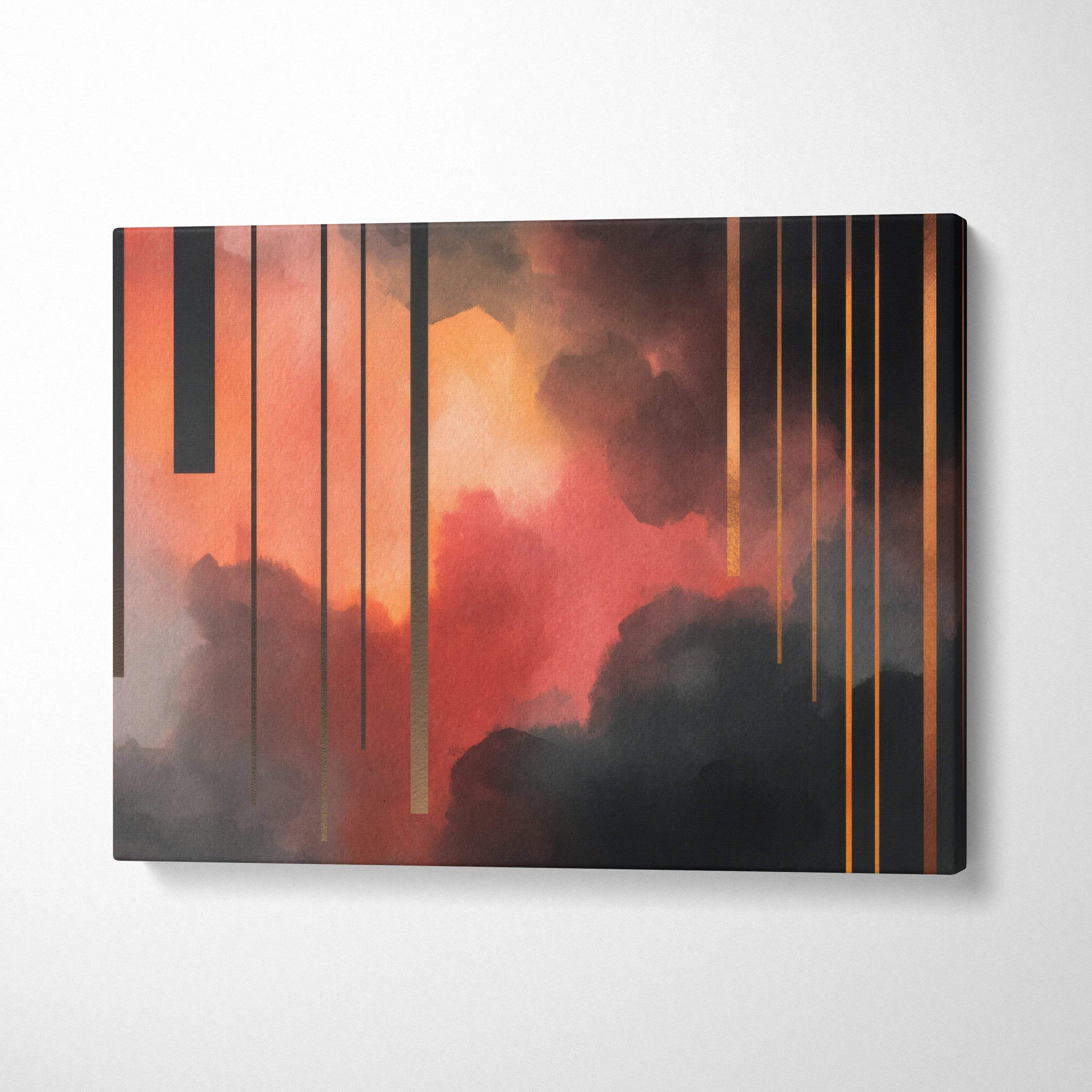 Abstract modern digital art canvas wall art with warm orange, red, and black tones and vertical gold lines.