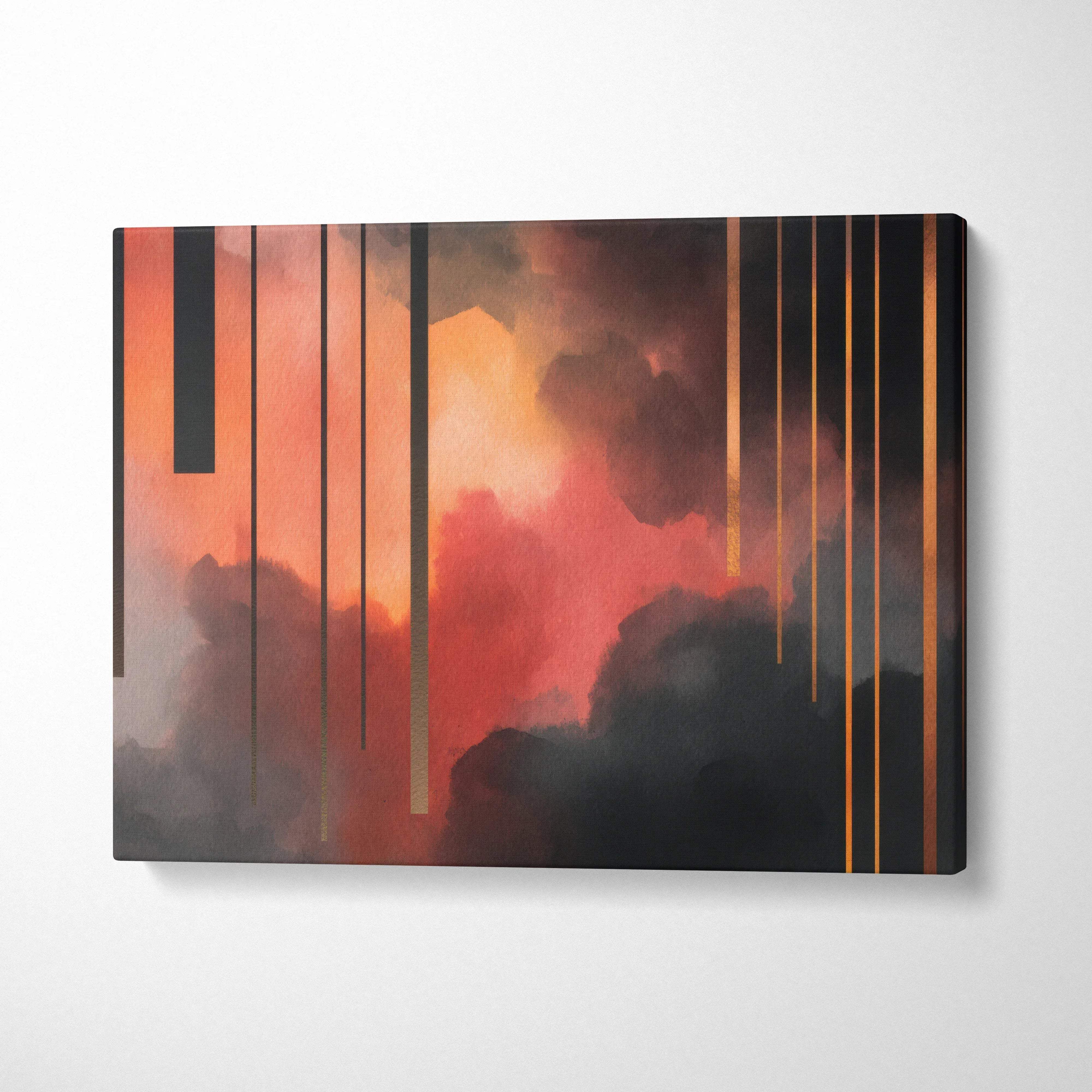 Abstract modern digital art canvas wall art with warm orange, red, and black tones and vertical gold lines.