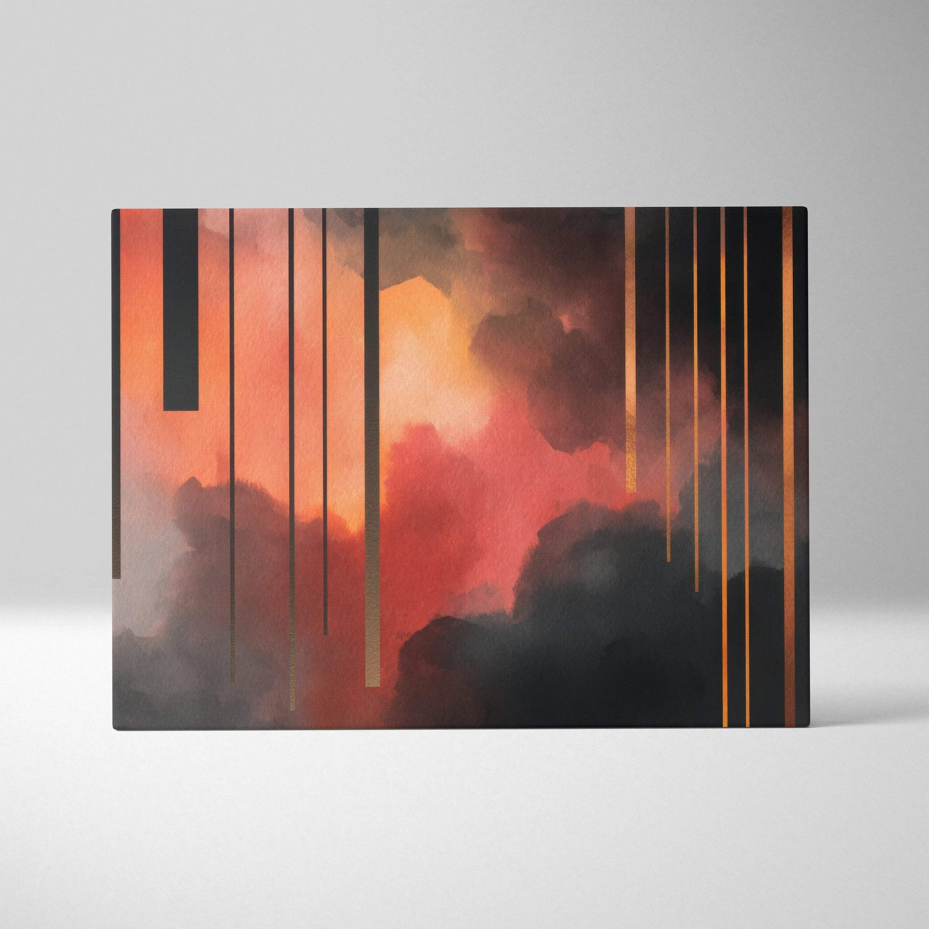 Abstract digital art canvas with vertical black and orange lines over smoky red, orange, and black clouds.