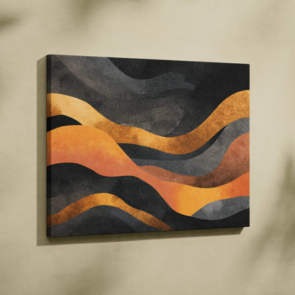 Bold modern abstract canvas art featuring wavy orange and black shapes on textured wall art background.