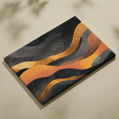 Canvas wall art with bold abstract waves in black, orange, and earthy brown tones.