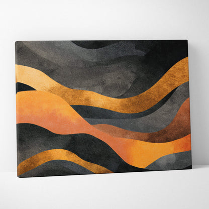 Canvas wall art with bold, flowing abstract shapes in black, dark gray, burnt orange, and mustard yellow tones.