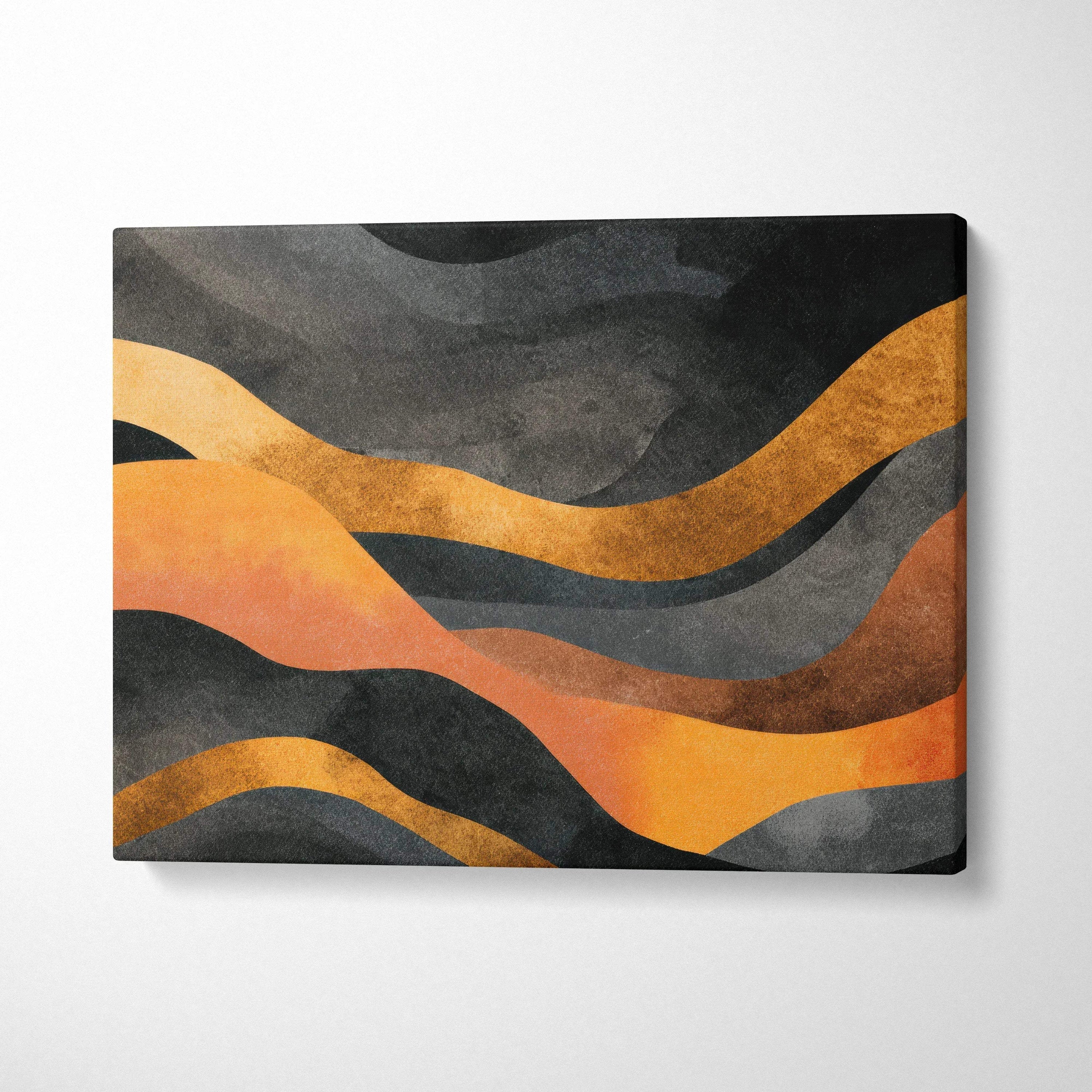 Abstract digital wall art canvas with bold orange and gray wavy shapes on black background.