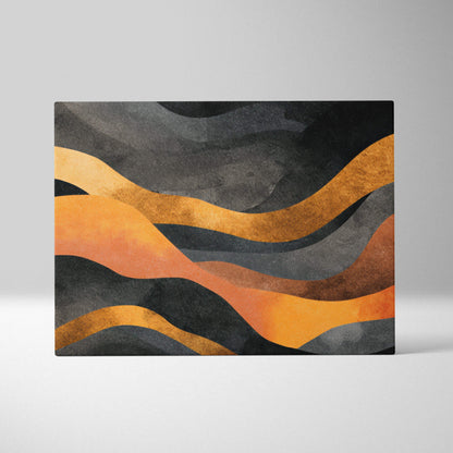 Abstract canvas wall art with flowing waves in black, gray, orange, and gold tones.