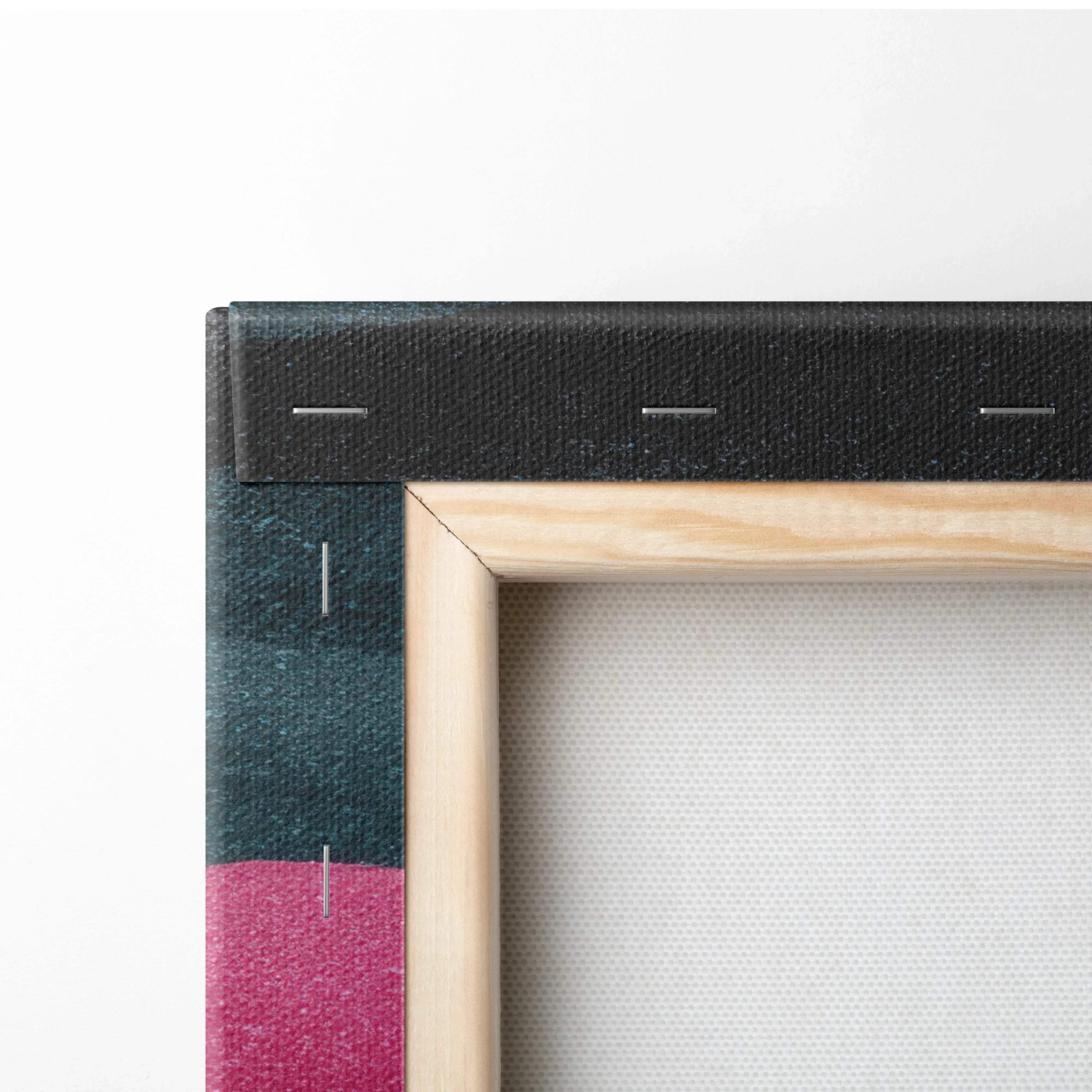 Light wood-framed abstract wave canvas wall art with textured black teal and magenta border on premium canvas print