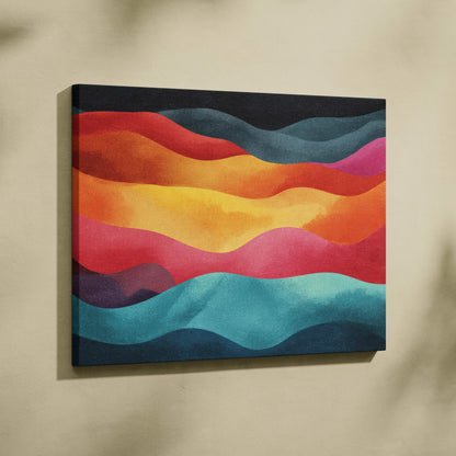 Abstract digital canvas art with flowing waves in red, orange, yellow, pink, and blue tones.