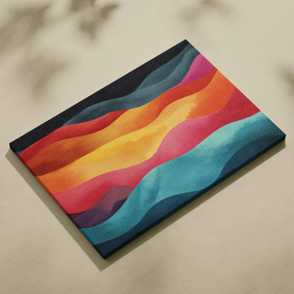 Canvas wall art with layered abstract waves in bold red, orange, yellow, blue, and black tones.