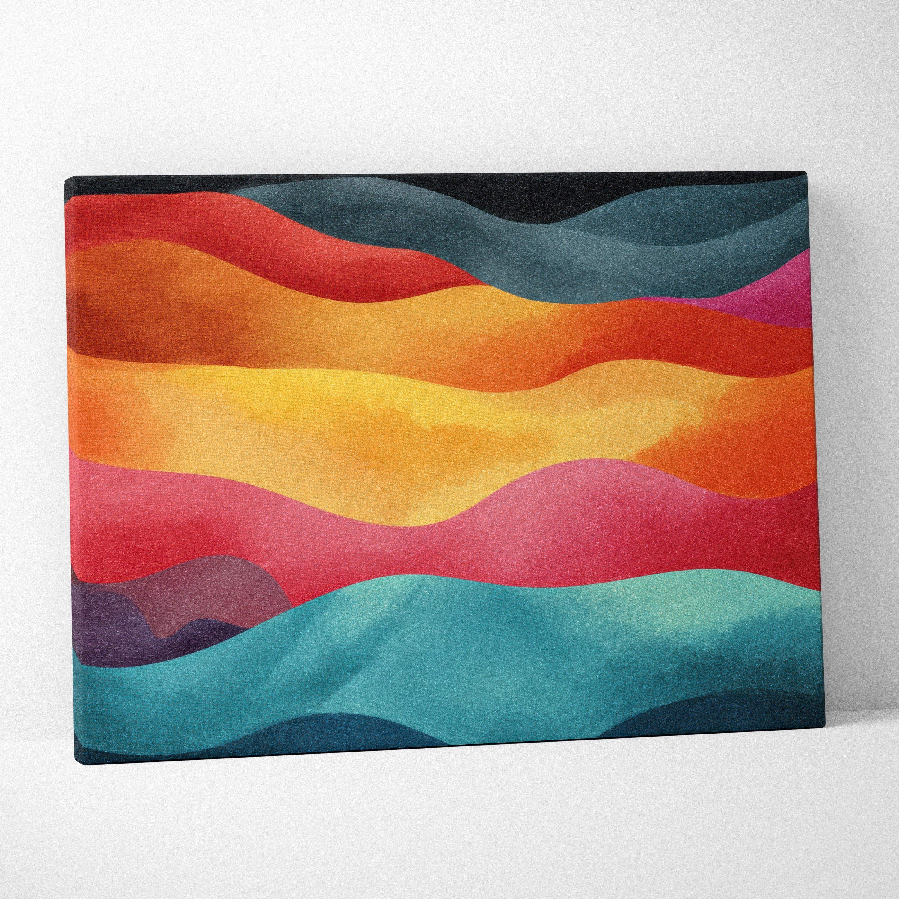 Colorful abstract canvas art print with layered wavy shapes in red, orange, yellow, pink, and blue tones.