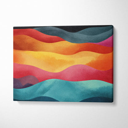 Abstract vibrant digital canvas art with layered waves in red, orange, yellow, pink, teal, and navy hues for wall art.