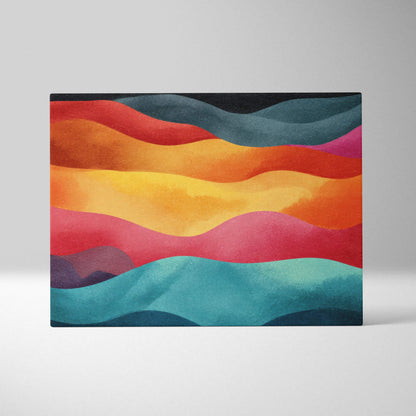 Abstract canvas wall art with vibrant wavy bands in red, orange, yellow, pink, and blue tones.