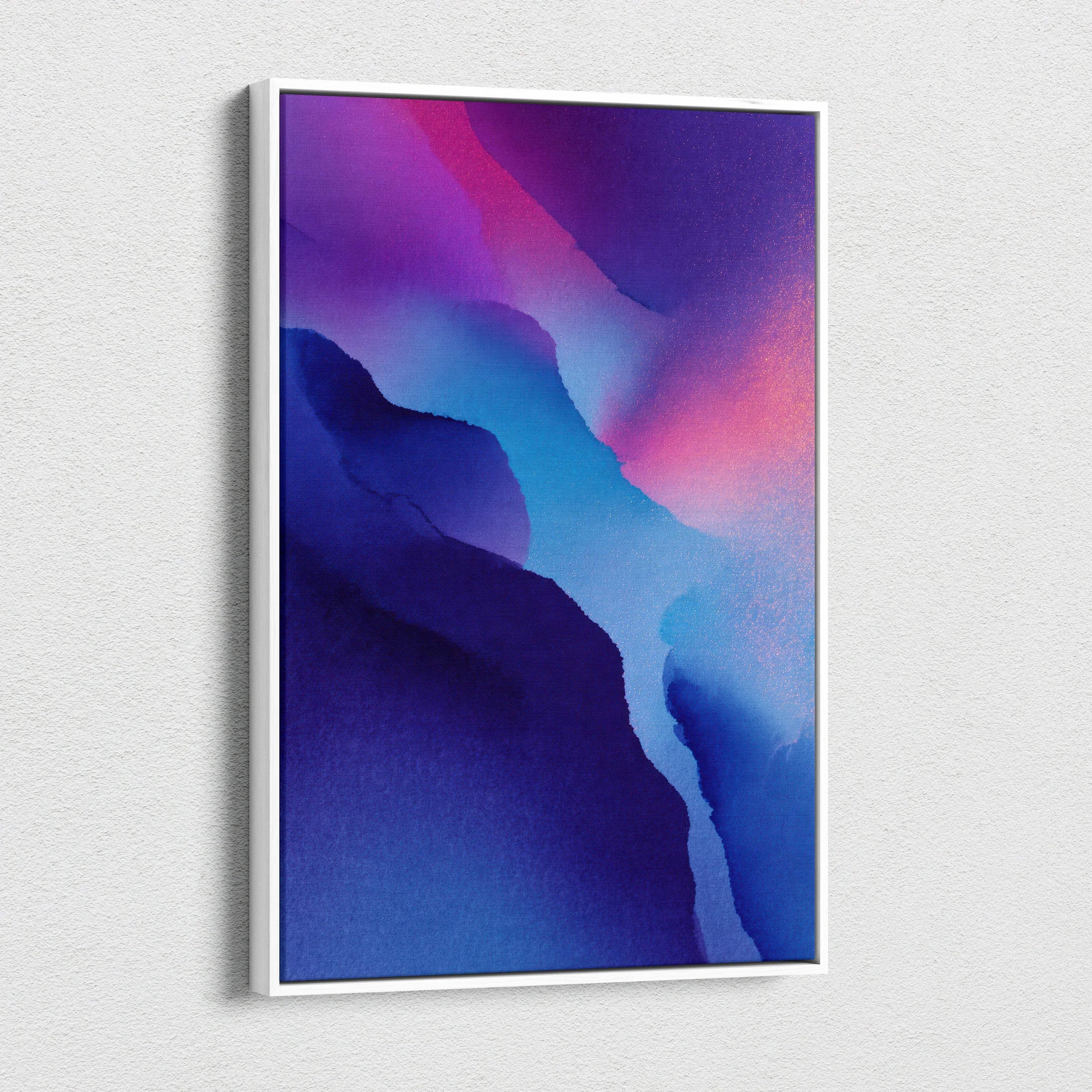 Vertical abstract digital art canvas wall art with vibrant blue and purple tones.
