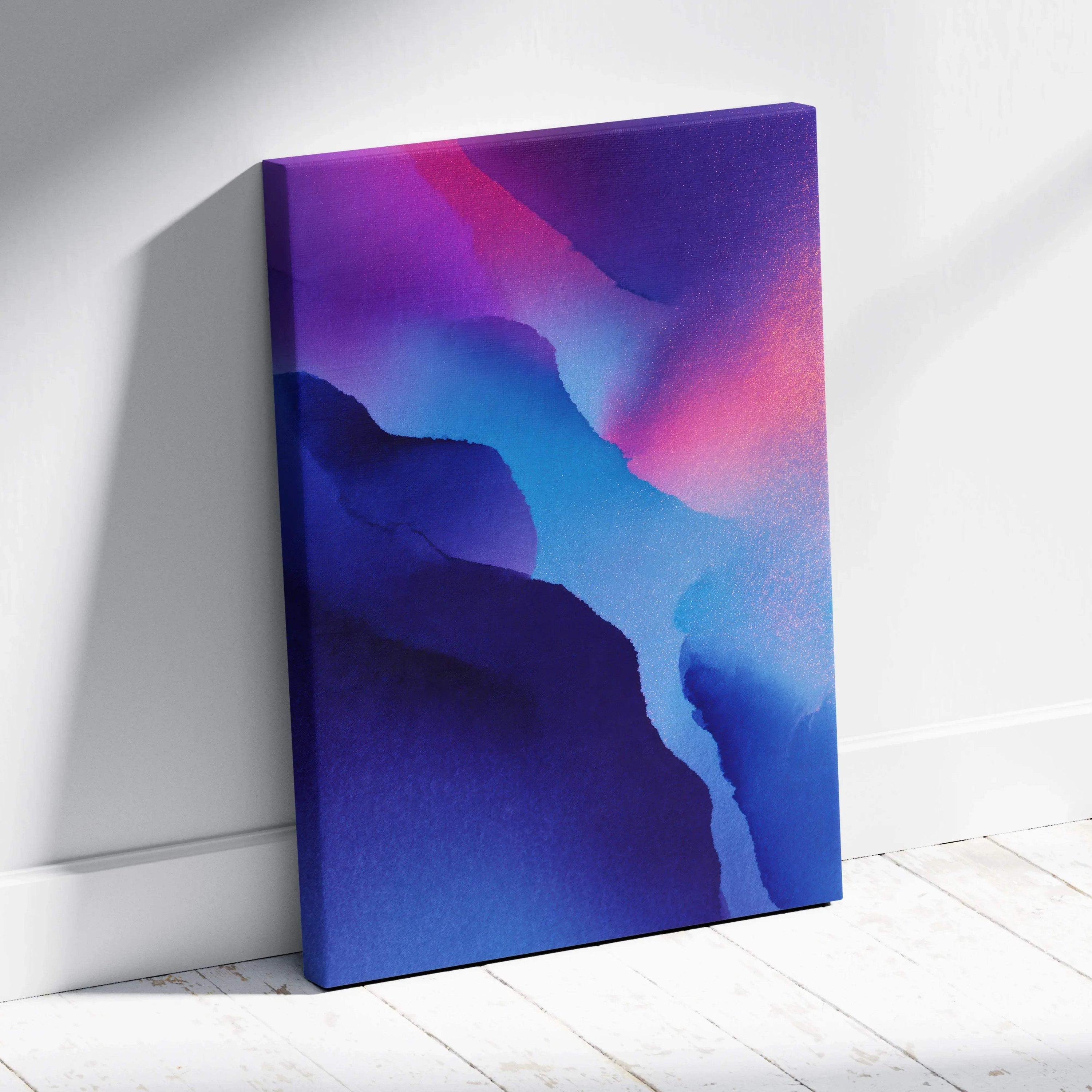 Vertical abstract digital art canvas with vibrant blue, purple, and pink tones, modern wall art design.