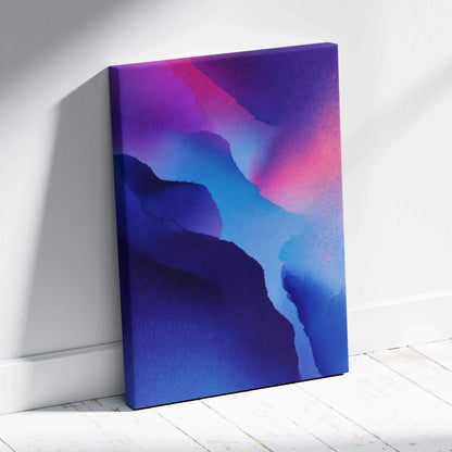 Vertical abstract digital art canvas with vibrant blue, purple, and pink tones, modern wall art design.