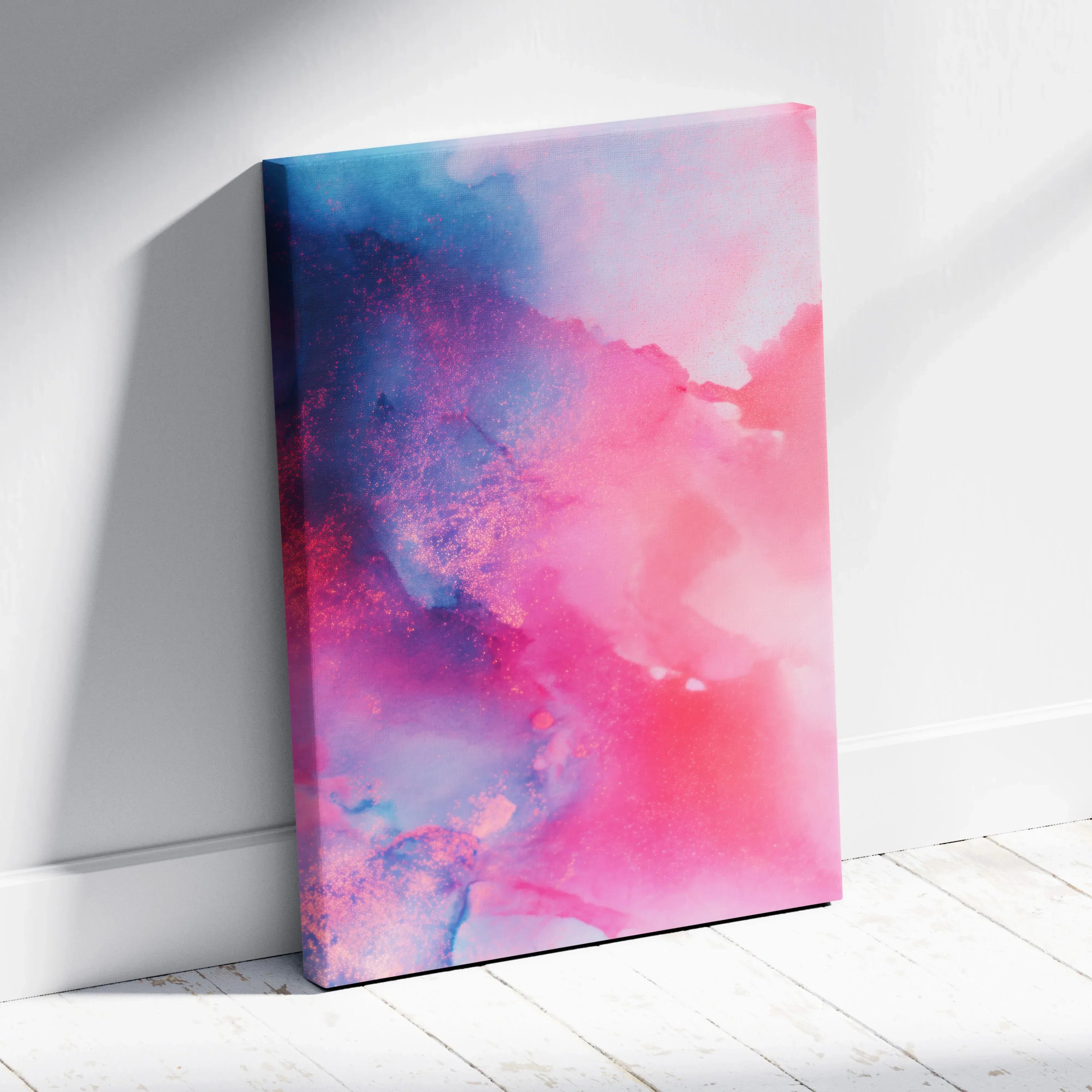 Abstract pink and blue watercolor nature canvas wall art with soft blended texture.