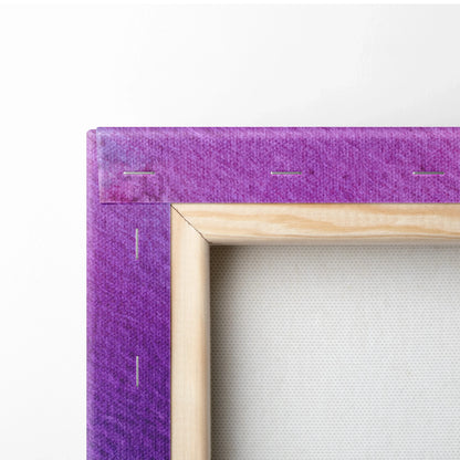 Purple stretched canvas corner with visible wooden frame and metal staples for wall art.