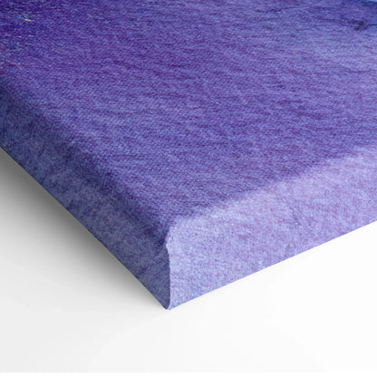 Abstract purple and blue textured canvas art wall art close-up corner view.
