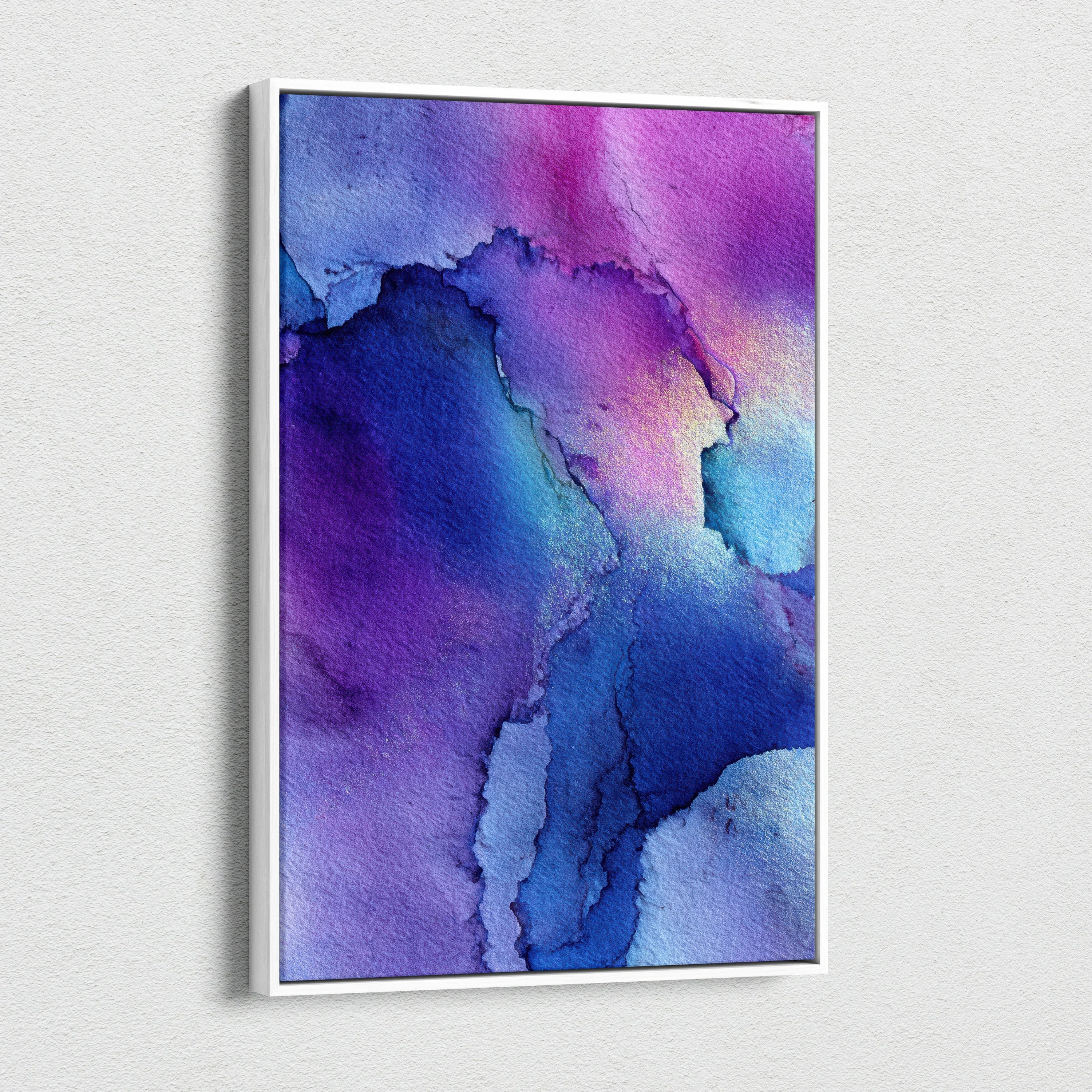 Abstract purple and blue watercolor texture on vertical canvas wall art print.