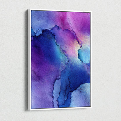 Abstract purple and blue watercolor texture on vertical canvas wall art print.