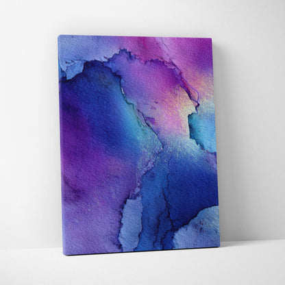 Abstract digital art canvas with vibrant blue and purple watercolor textures, vertical wall art.