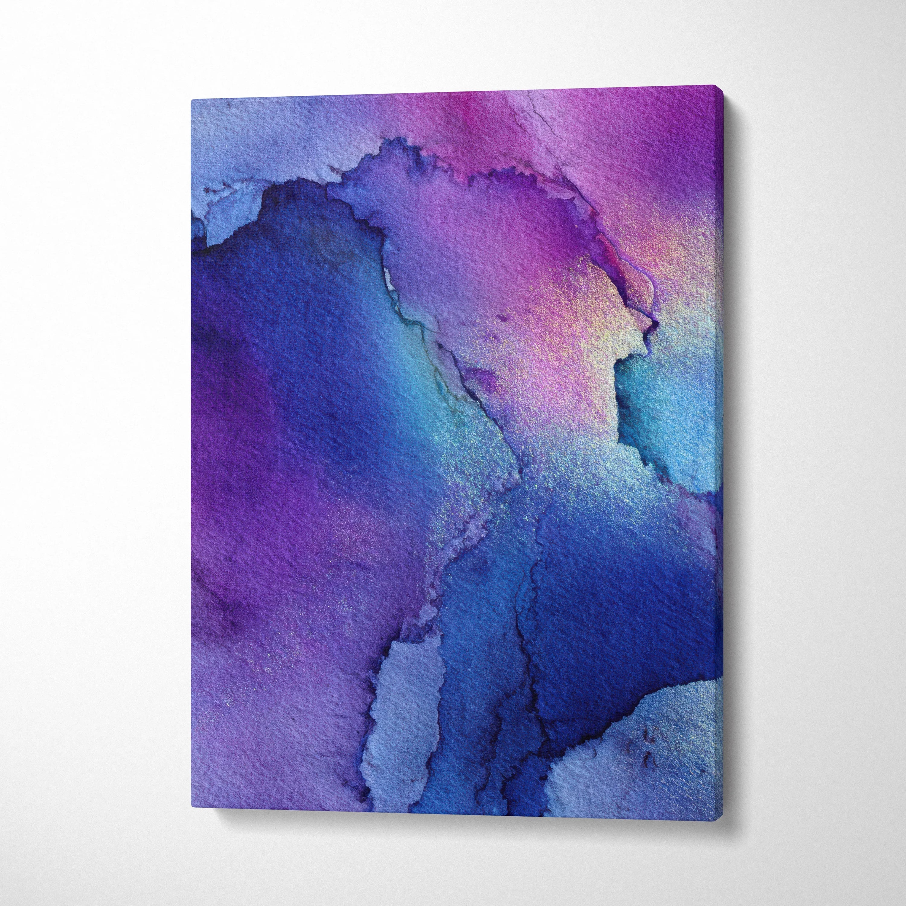 Abstract purple and blue watercolor texture on vertical canvas wall art.