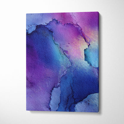 Abstract purple and blue watercolor texture on vertical canvas wall art.