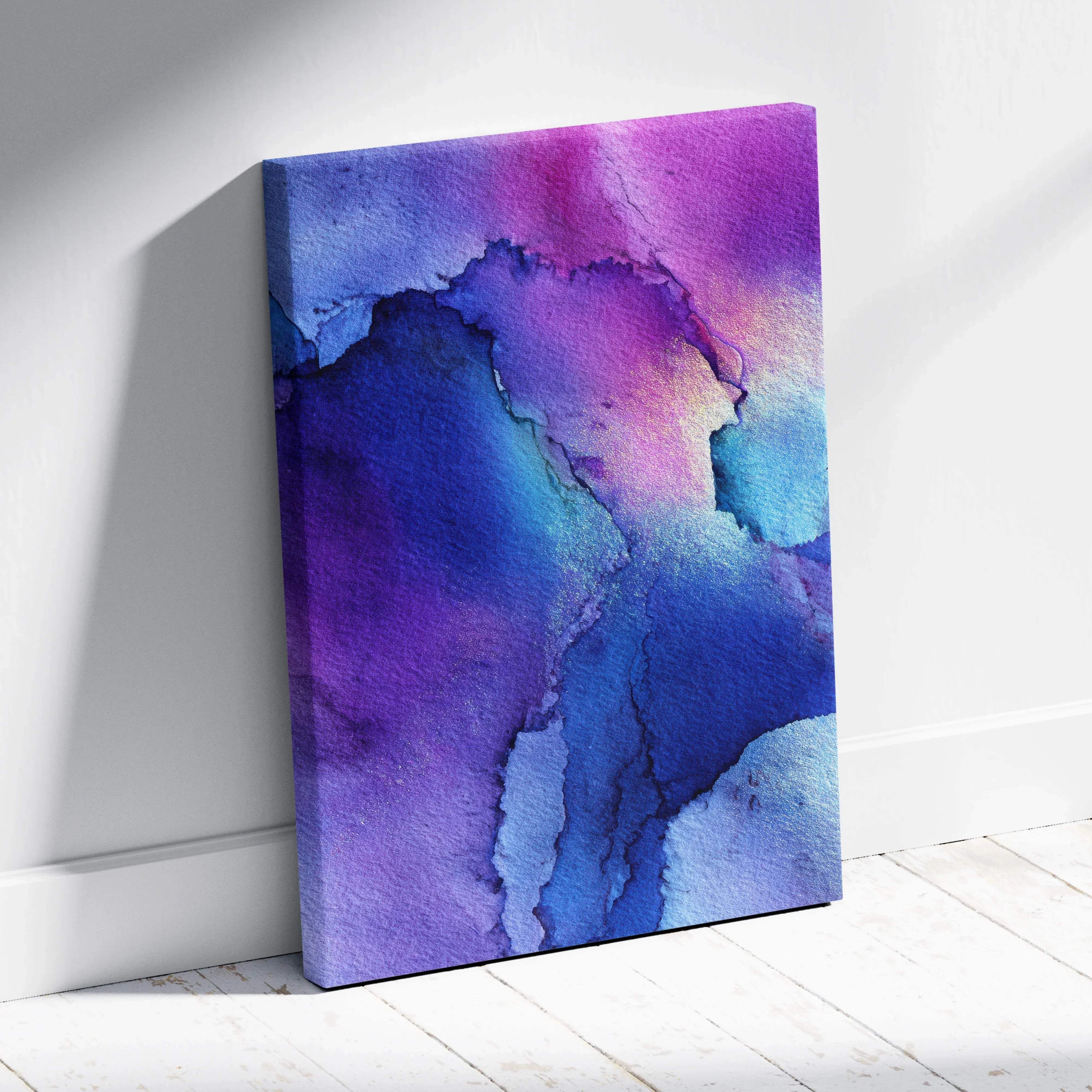 A vibrant purple blue abstract fluid art canvas featuring textured watercolor strokes for modern wall decor