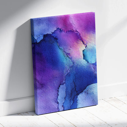 Abstract digital canvas art with vibrant blue, purple, and pink watercolor textures, vertical wall art.