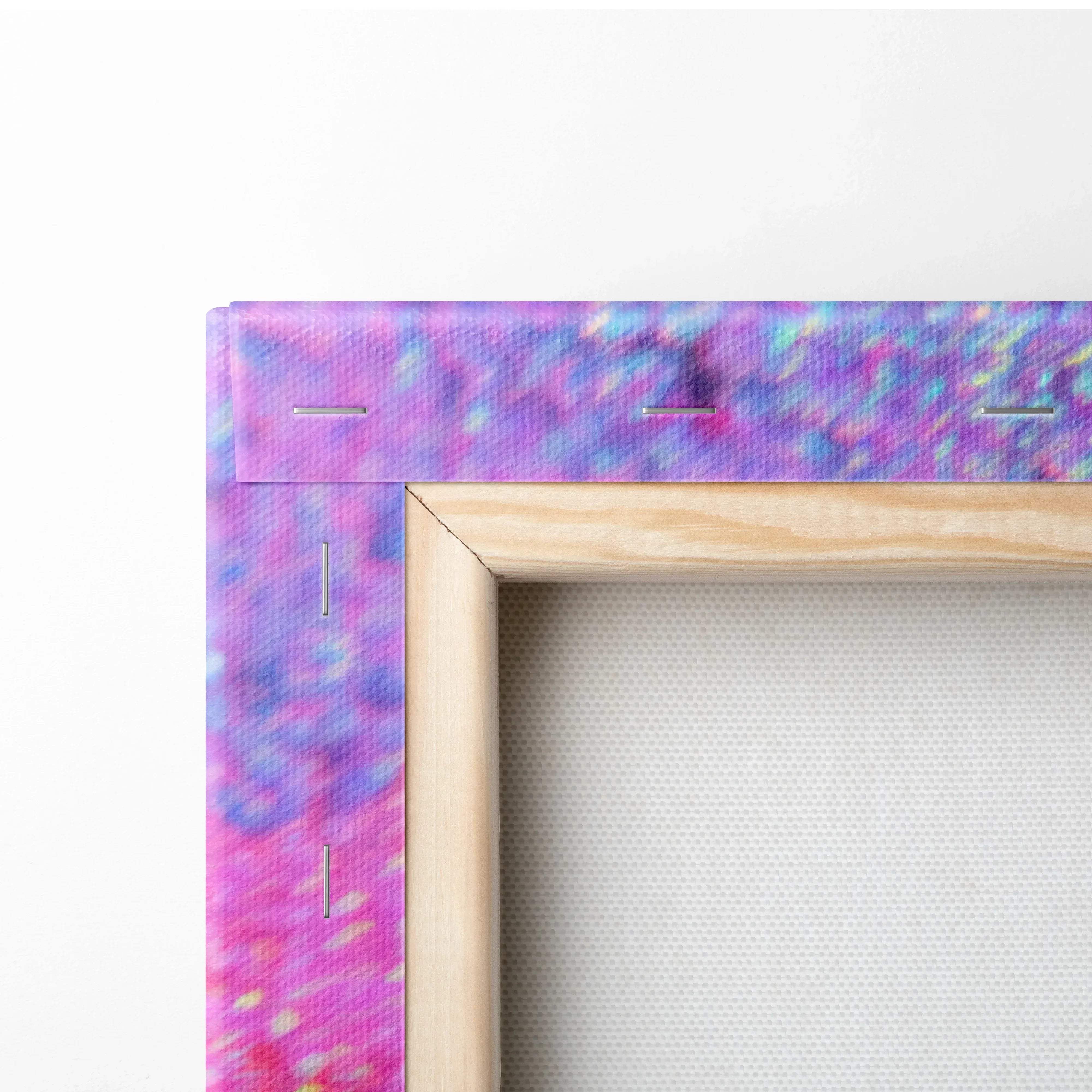 A vibrant purple and blue tie-dye canvas wall art with natural wood frame for modern living rooms