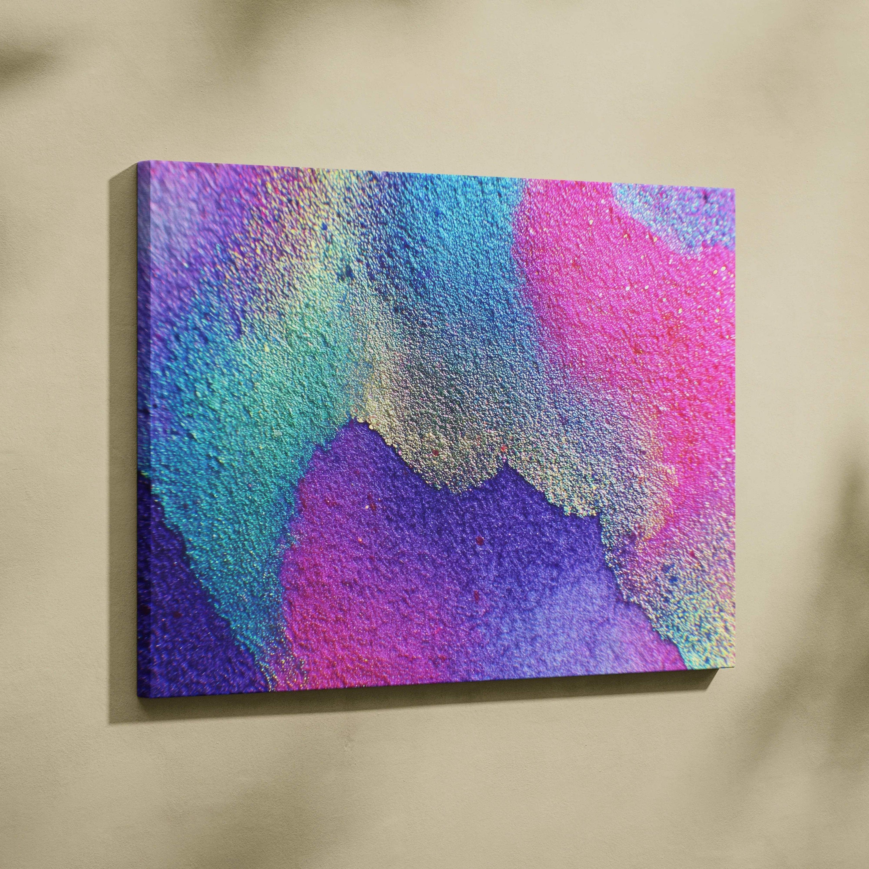 Abstract digital wall art canvas with vibrant pink, purple, blue, and green textured colors.