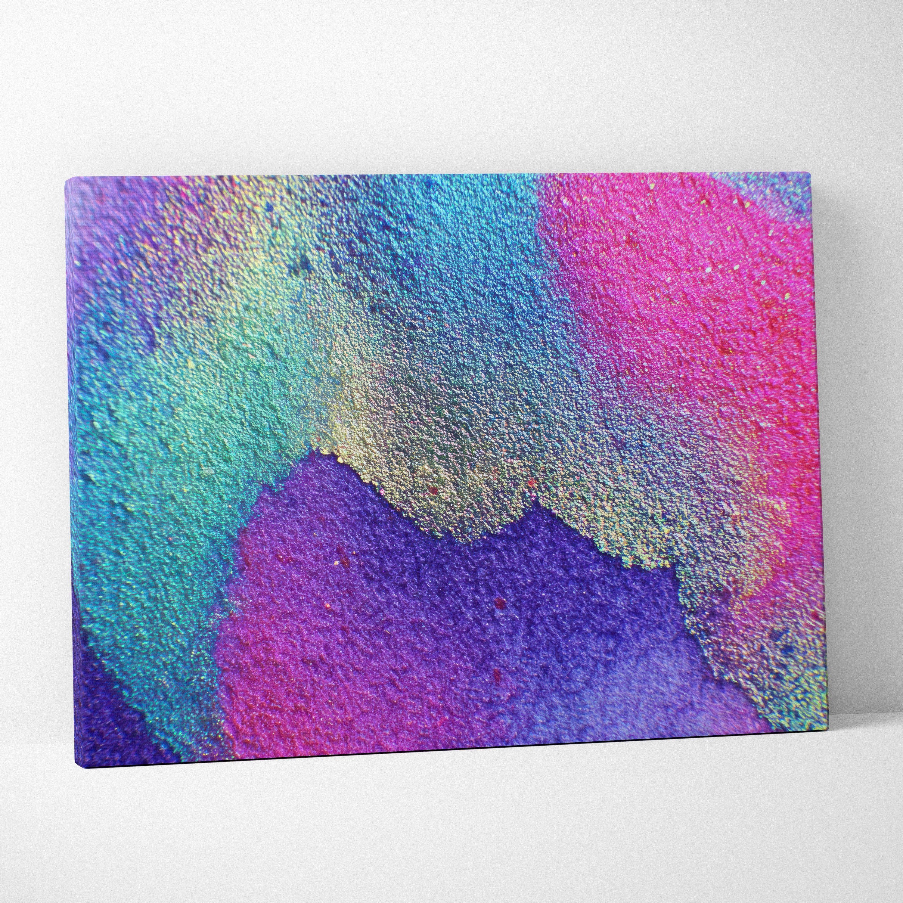 Abstract digital canvas art with vibrant blue, pink, purple, and green gradient textures on wall art canvas.