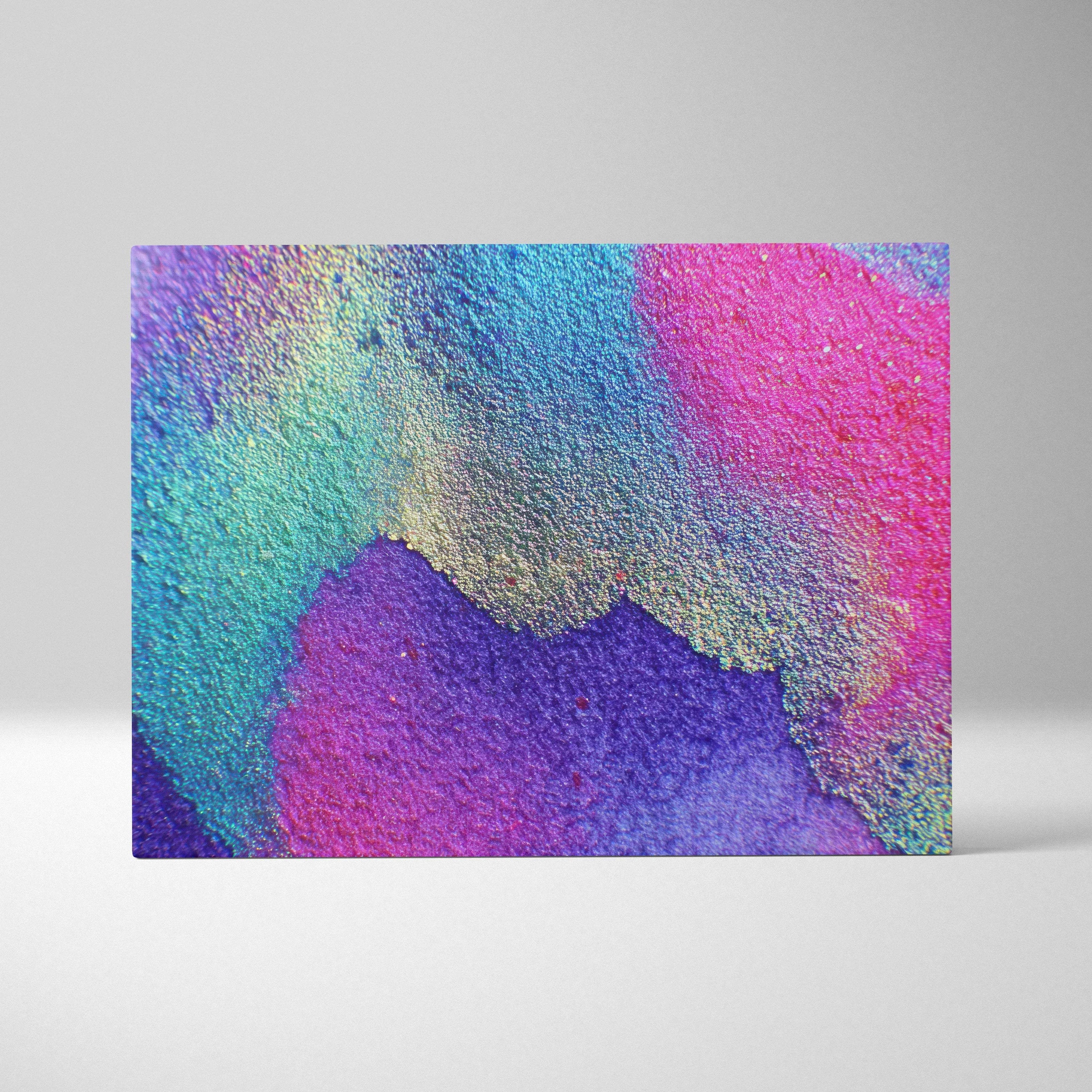 Abstract modern digital wall art canvas with vibrant blue, purple, pink, and teal textured colors.