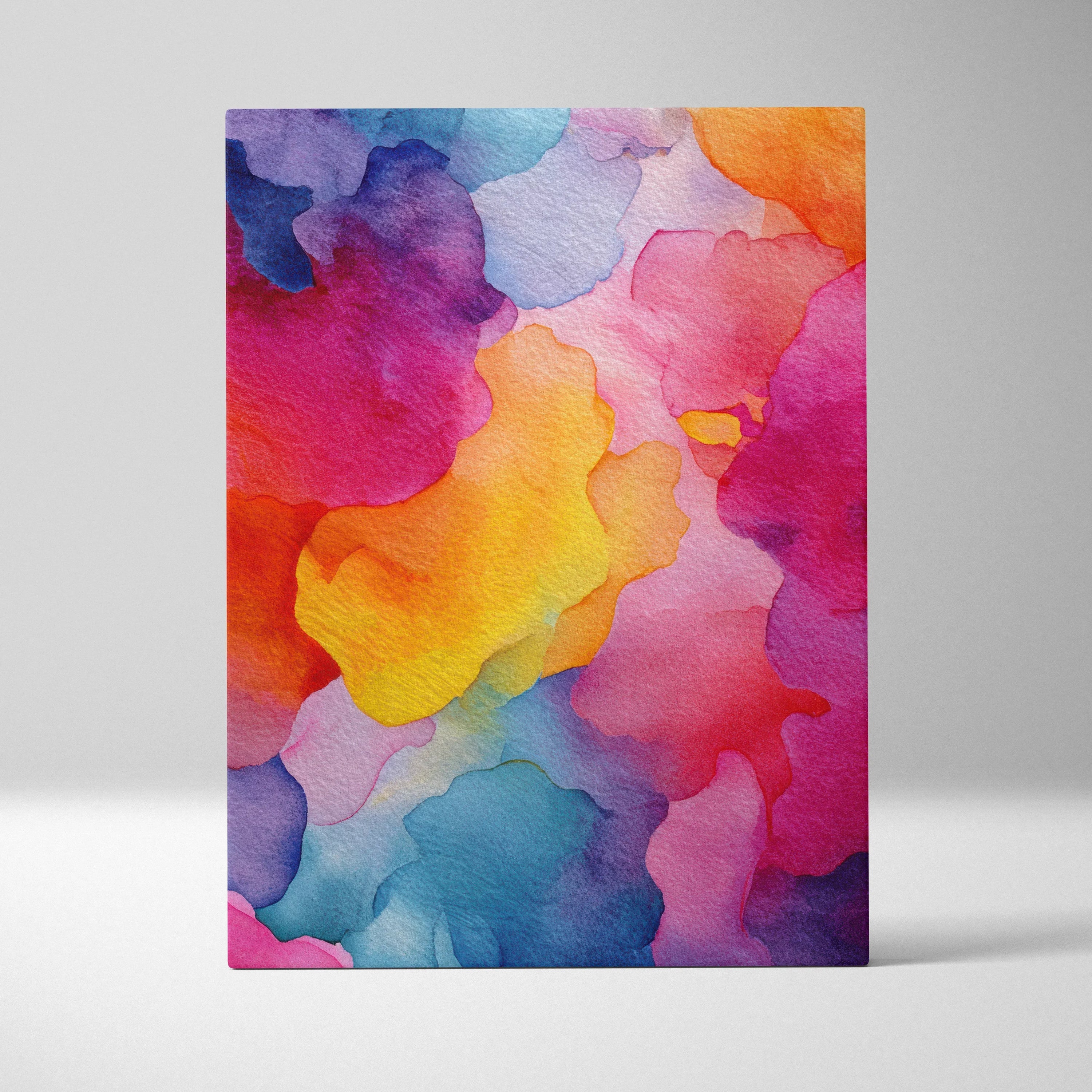 Abstract digital art canvas wall art with vibrant watercolor-style splashes in red, yellow, blue, and purple tones.