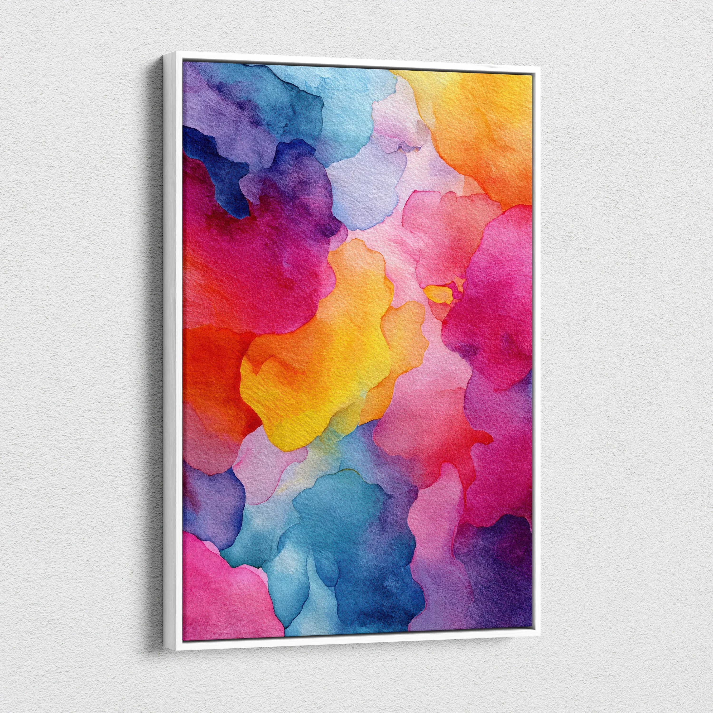 Abstract colorful watercolor digital art on canvas wall art with vibrant pink, blue, yellow, and orange hues.