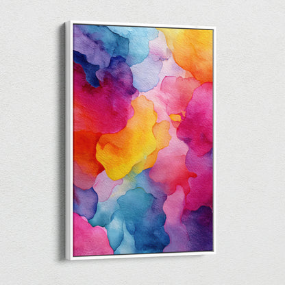 Abstract colorful watercolor digital art on canvas wall art with vibrant pink, blue, yellow, and orange hues.