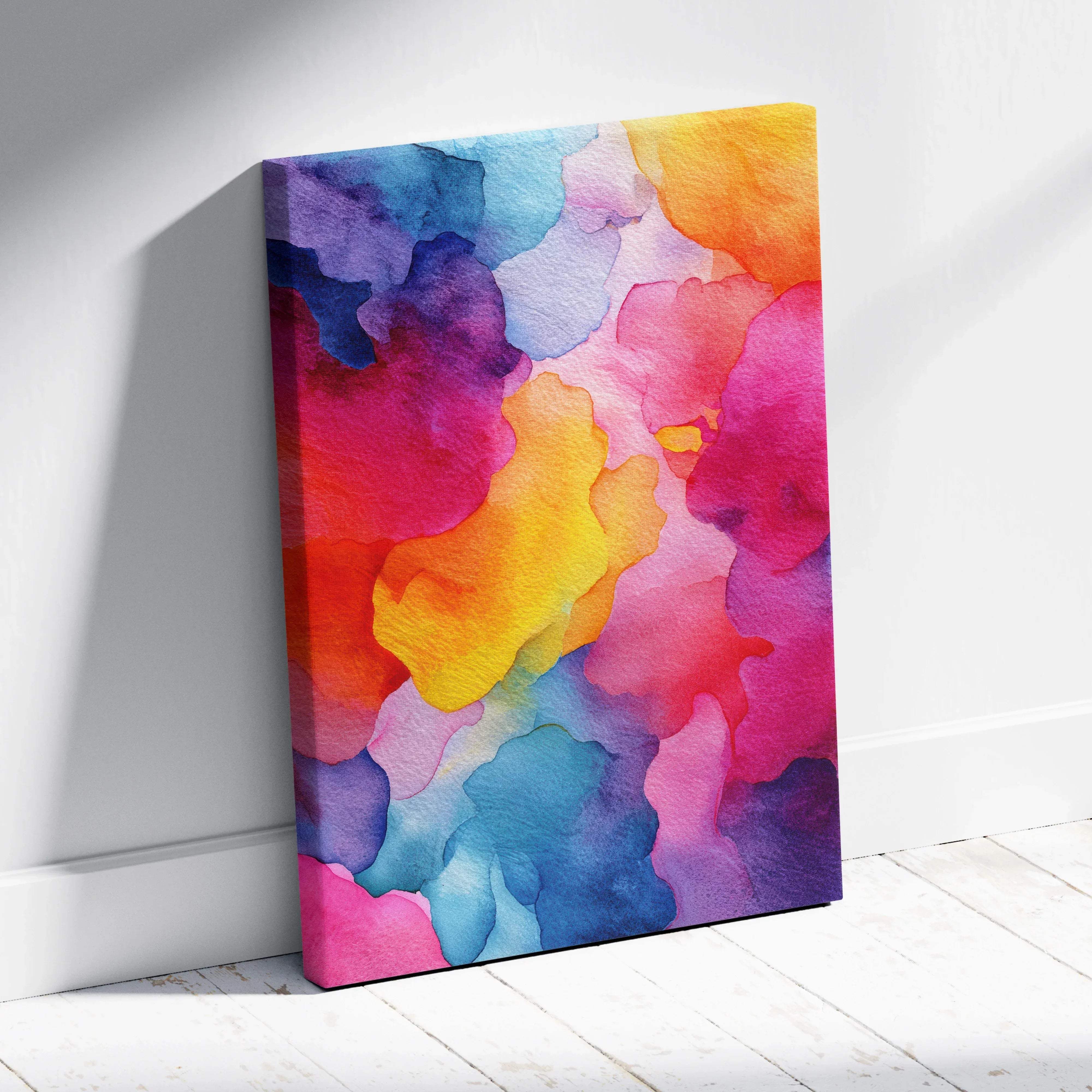 A vibrant watercolor abstract canvas wall art on stretched fabric featuring swirling pink yellow blue and purple hues