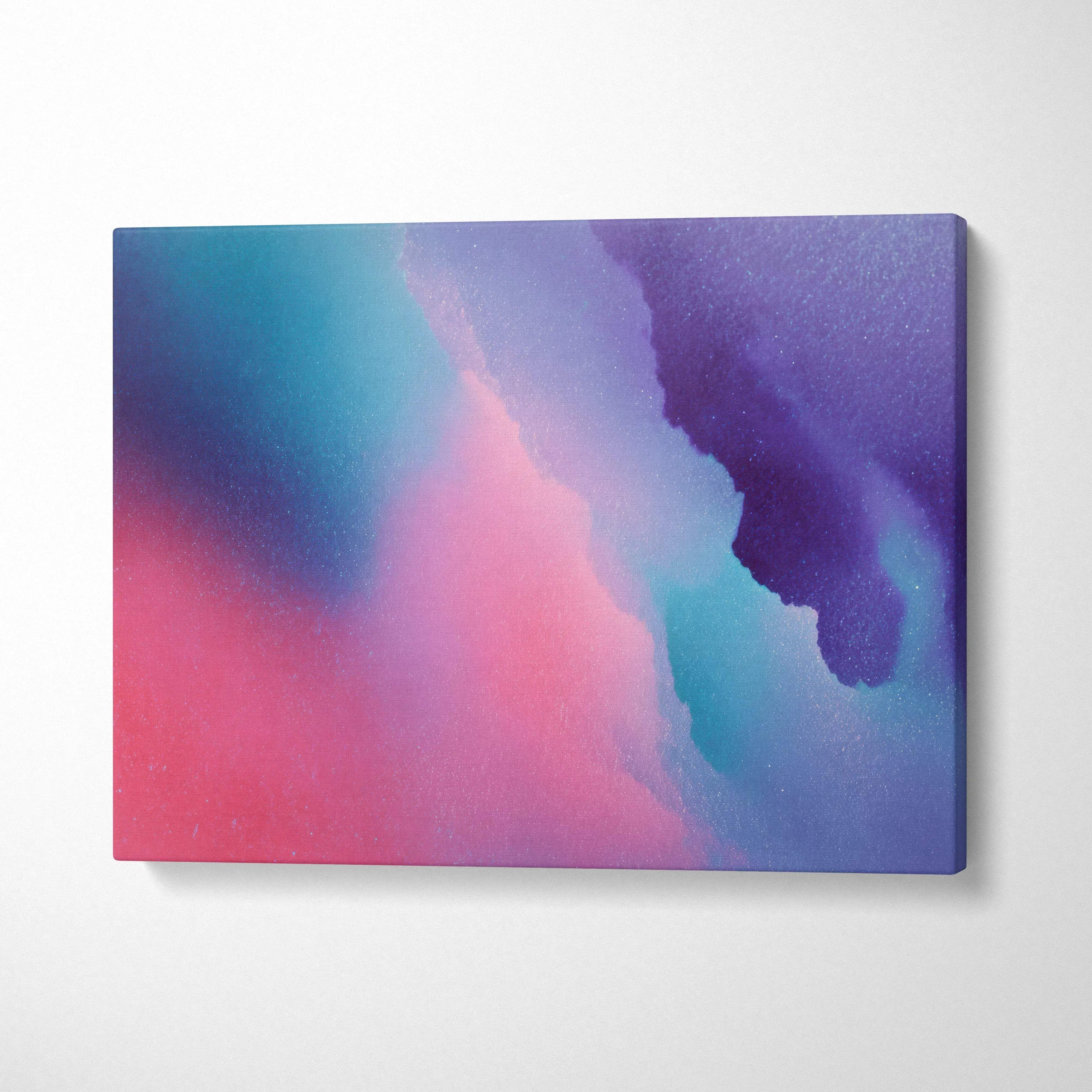 Abstract digital art canvas with gradient shades of pink, purple, and teal for modern wall art.