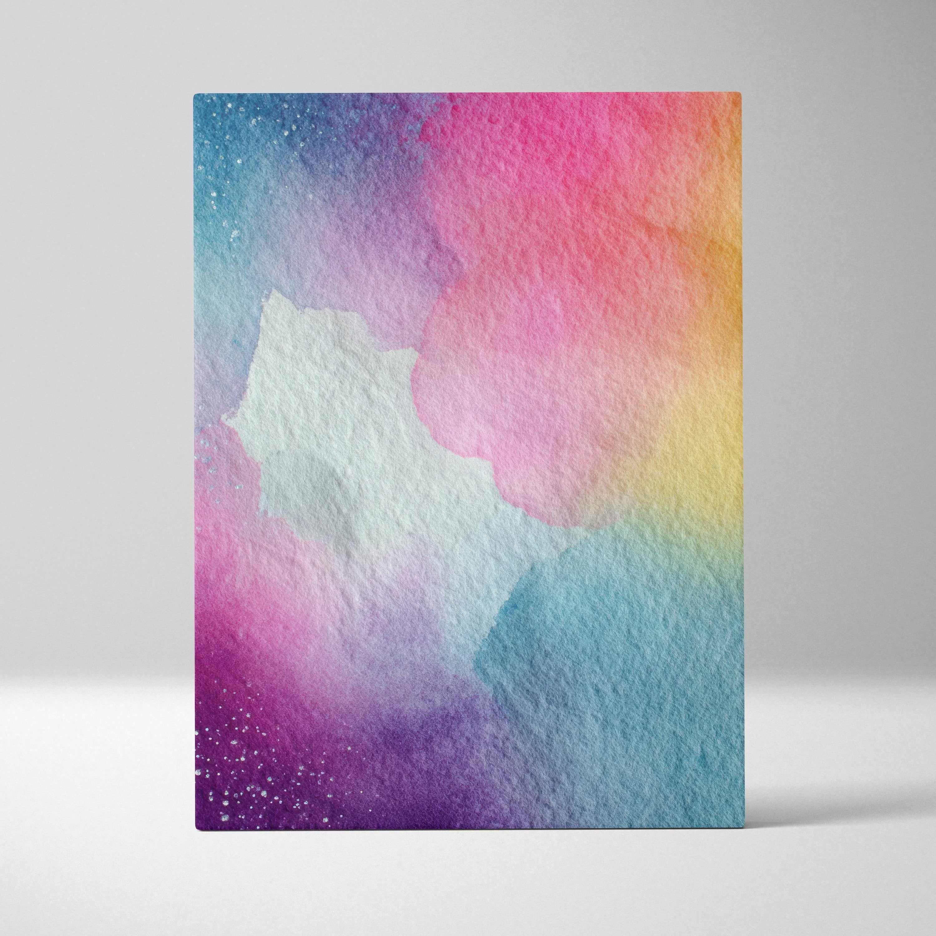 Abstract digital art canvas wall art with vibrant gradient colors in pink, blue, yellow, and purple shades.