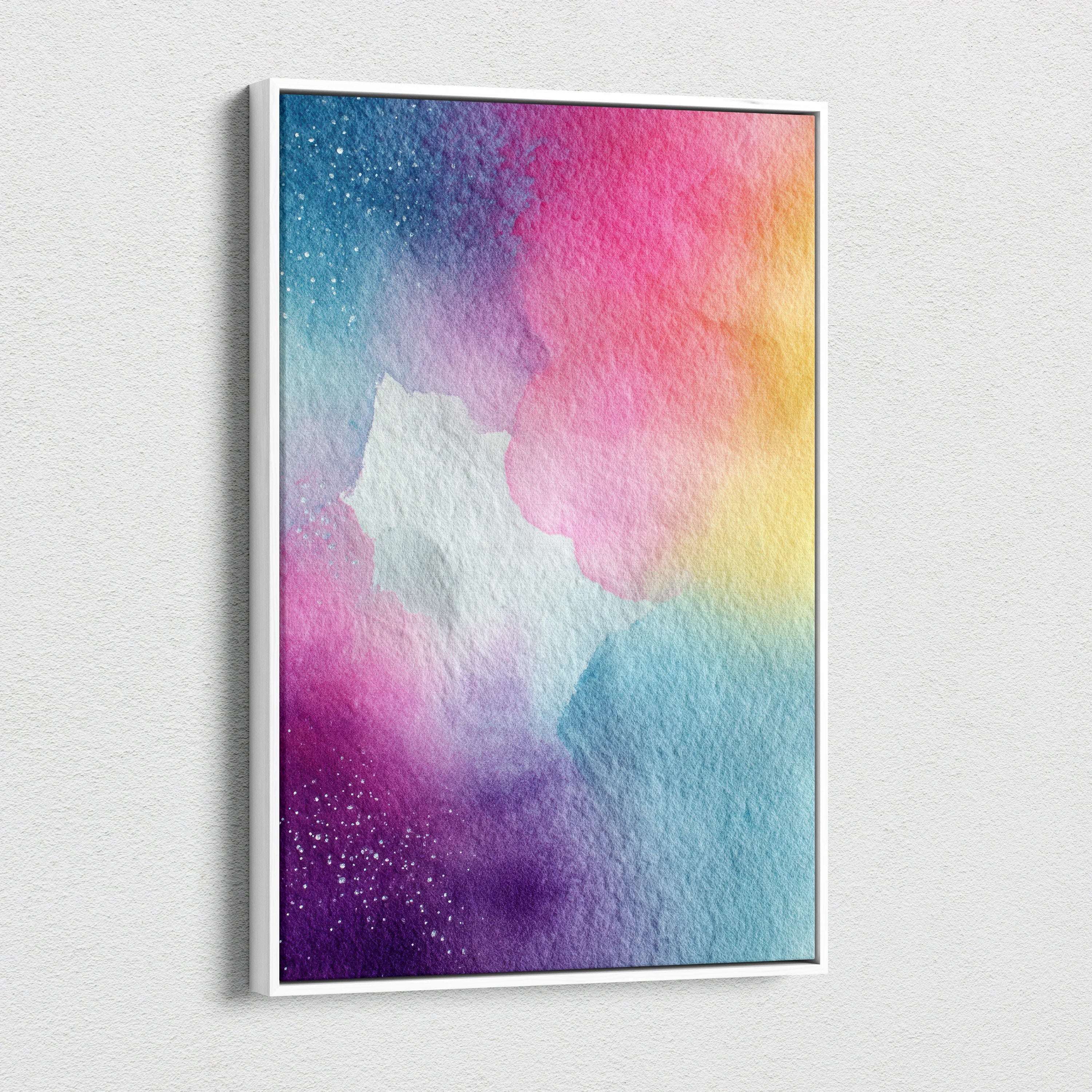 Abstract colorful digital art canvas wall art with blue, pink, and yellow gradient hues.