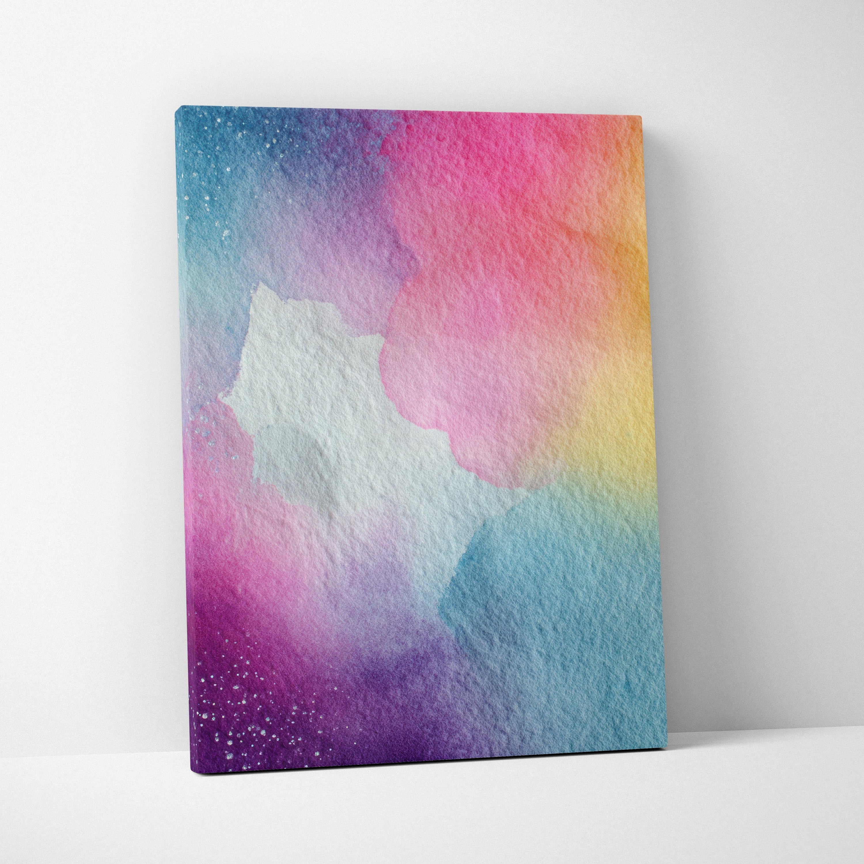 Abstract digital art canvas with vibrant pink, blue, yellow, and purple hues, textured canvas wall art.