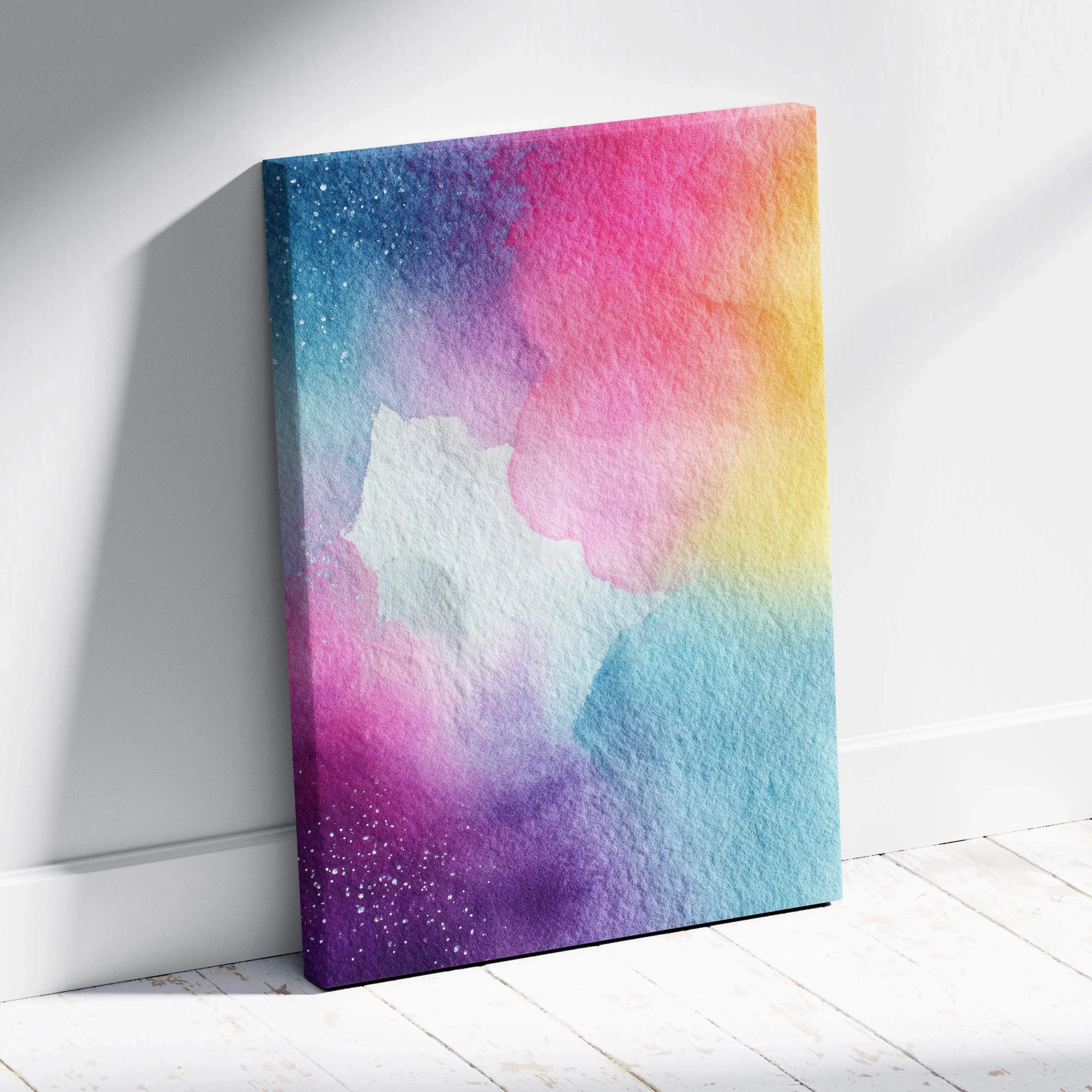 A vibrant abstract rainbow watercolor canvas wall art with cosmic purple pink and yellow hues and sparkling glitter accents