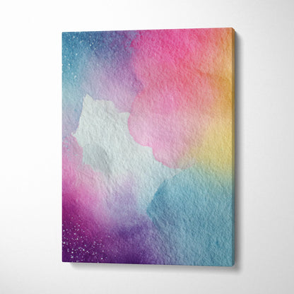 Abstract colorful digital art on textured canvas wall art with vibrant pink, blue, and yellow hues.