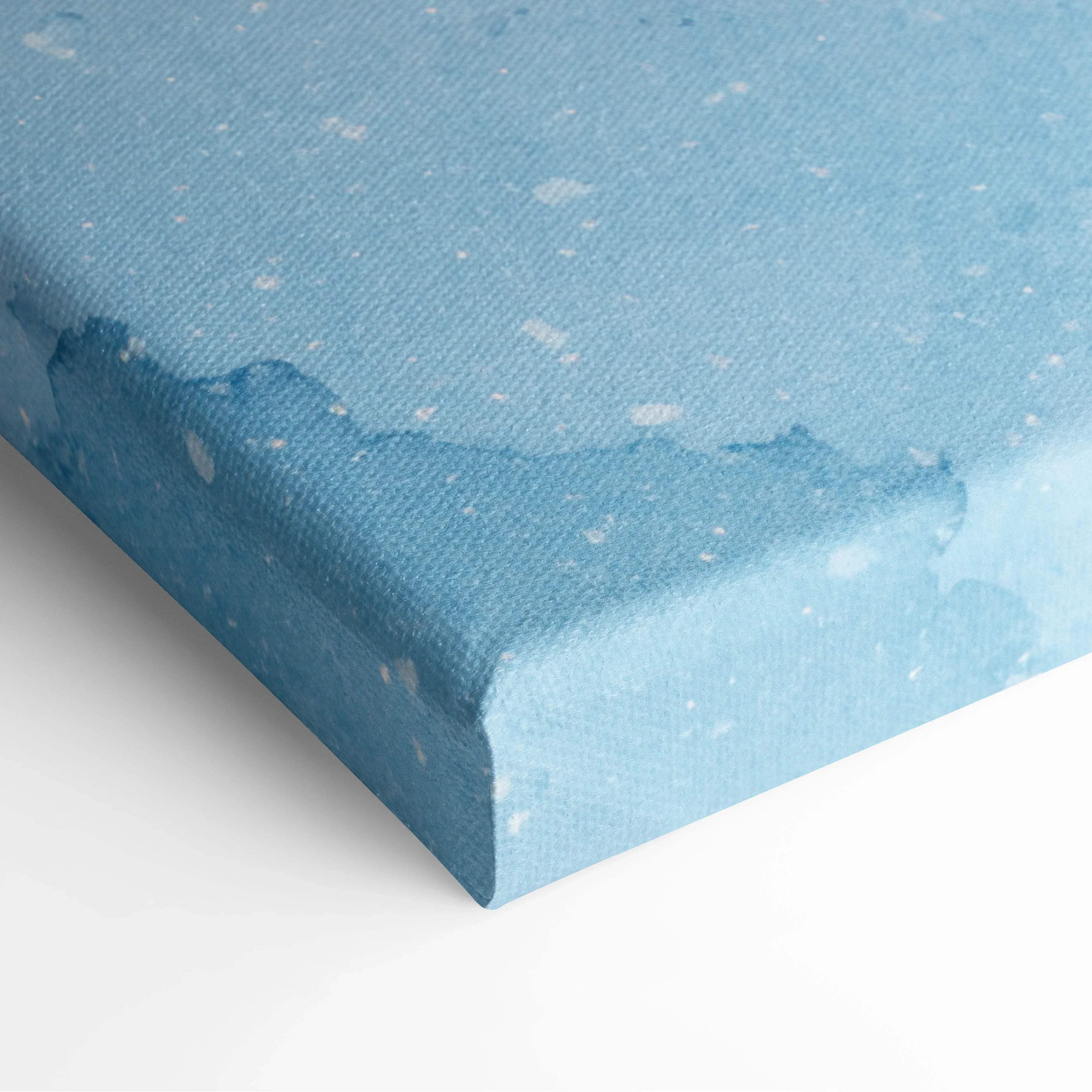 Blue abstract digital art on textured canvas wrap with subtle white and darker blue accents.