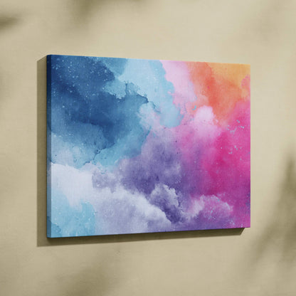 Abstract digital art canvas wall art with blue, purple, pink, and orange watercolor textures.